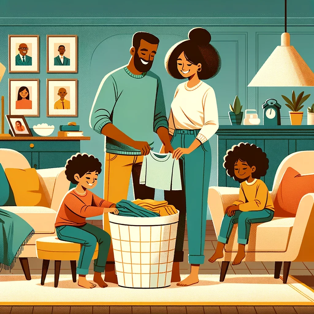 Family happy with laundry